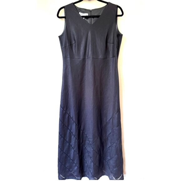 NWT Lino Linen Navy Sleeveless Midi Dress Embroider Sz L Quiet Luxury Minimalist - Picture 1 of 10